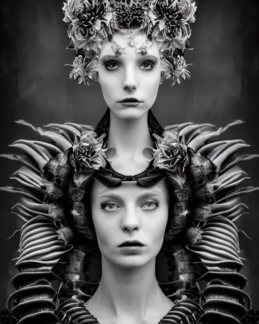 Image similar to a black and white high quality dreamy photo of a young beautiful female queen-pale dragon-vegetal-many big steampunk flowers-cyborg bust with a very long neck, elegant, highly detailed, poetic, soft, dreamy, mysterious, high fashion, in the style of Diane Arbus, Realistic, Refined, Digital Art, Highly Detailed, Cinematic Lighting, rim light, black and white, photo-realistic, 8K