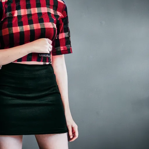 Image similar to female model teenage emo photography plaid skirt band shirt beautiful face, dramatic light darkroom