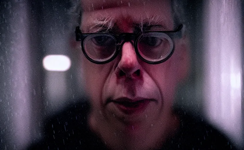 Image similar to cinestill 5 0 d candid photographic portrait by david cronenberg of todd solondz, modern cyberpunk moody emotional cinematic, closeup, pouring rain menacing lights shadows, 8 k, hd, high resolution, 3 5 mm, f / 3 2, ultra realistic faces, ex machina