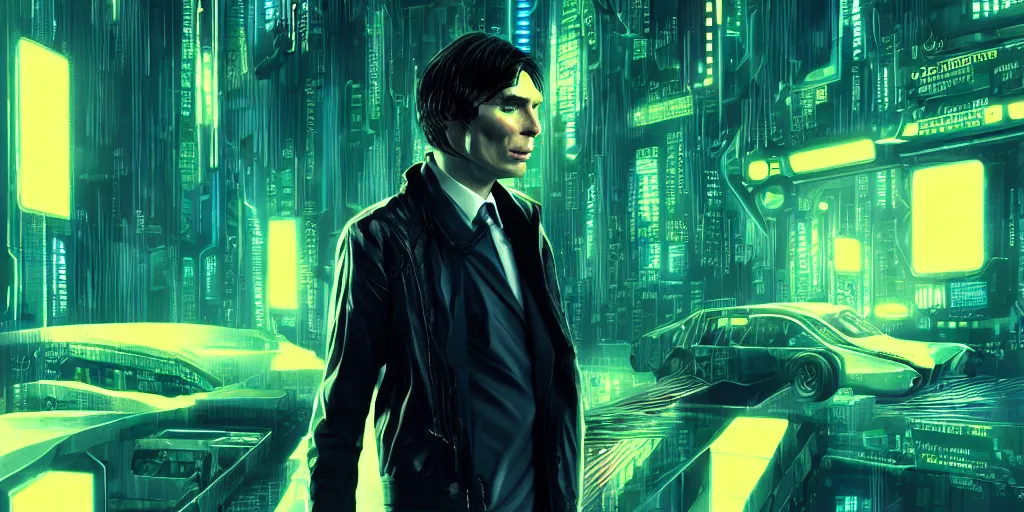 Image similar to Cillian Murphy in Cyber Punk 2077, highly detailed digital art