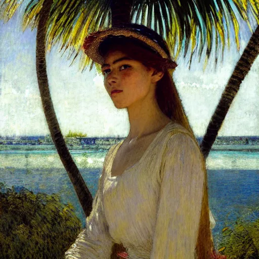 Image similar to a ultradetailed beautiful painting of a girl in the amazonas palace designed by jules bastien - lepage, hans belmer, frank weston and gustave baumann, beach, trending on artstation, mediterranean, palm trees, light sparkles, sharp focus, soft light, 8 k 4 k