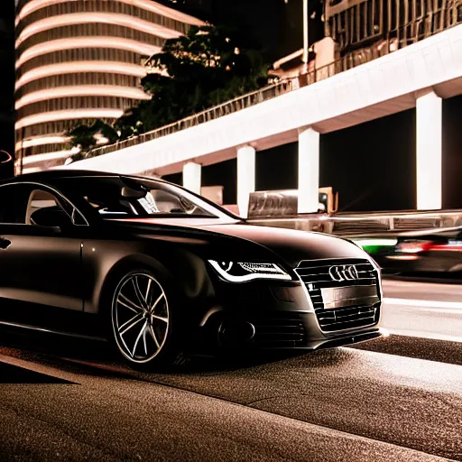 Prompt: photo of a black elongated audi a 7 sportsback at night driving fast through a shibuya, cinematic, 4 k, long exposure photography, tokyo drift, fast and furious, kodak portra 4 0 0