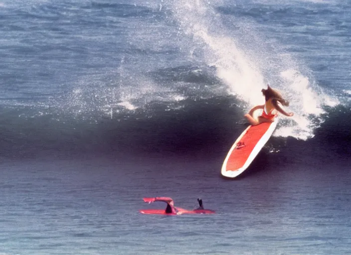 Prompt: color photo of a shark fin in the water. surfergirl riding a big wave in the 8 0's