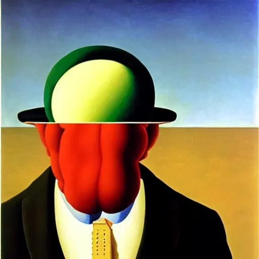 Prompt: a man thinks about what to buy at the grocery store, by rene magritte and salvador dali, oil on canvas