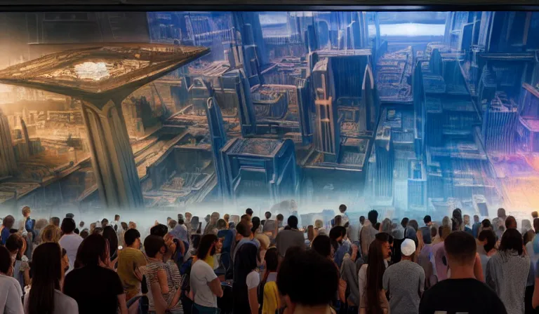 Image similar to crowd of people in large open museum, looking at hologram of futuristic metropolis on a table, cinematic concept art, godrays, golden hour, natural sunlight, 4 k, clear details, tabletop model buildings, center model buildings, hologram center, crane shot, wide shot, high shot