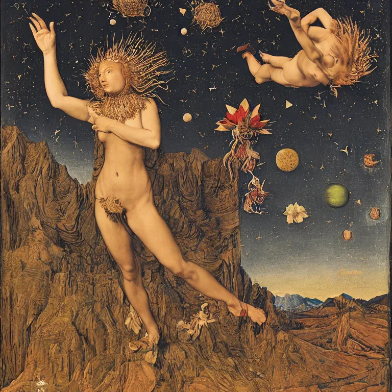 Image similar to a wide mountainous river valley with venus with snake skin and feathers holding up the sky while the stars look like flowers by jan van eyck, character, full body, max ernst, hans holbein, portrait, fashion editorial