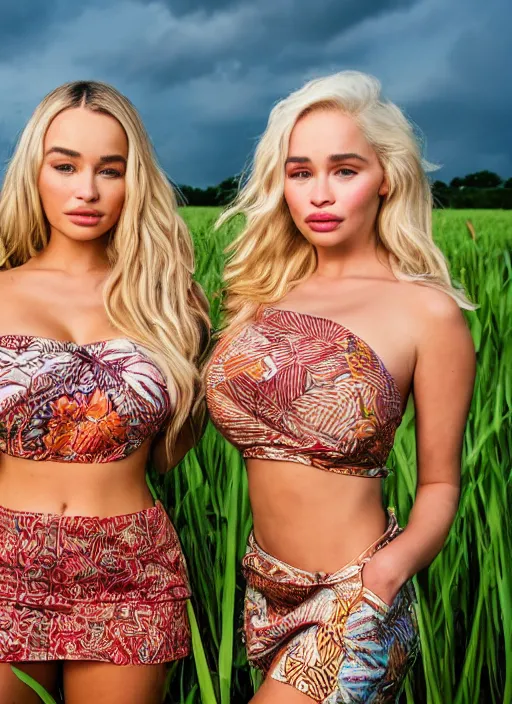 Prompt: portrait of lindsey pelas and emilia clarke wearing batik tube top in a paddy field, by charlotte grimm, studio light, detailed face, canon eos c 3 0 0, ƒ 1. 8, 3 5 mm, 8 k, medium - format print, half body shot