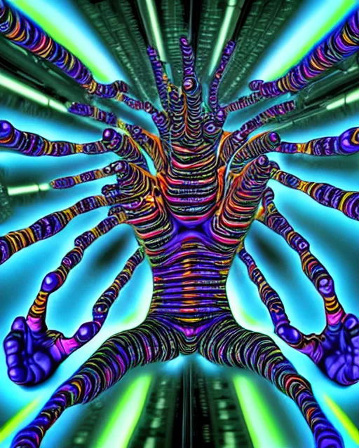 Prompt: psychedelic trip of a cyborg who's escaping death, trippy, lots of hands, 8k, ultra realistic