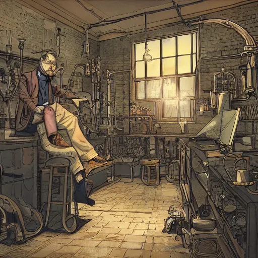 Image similar to muted colors, steampunk, comic book illustration, old victorian professor in his laboratory, detailed, cinematic lighting