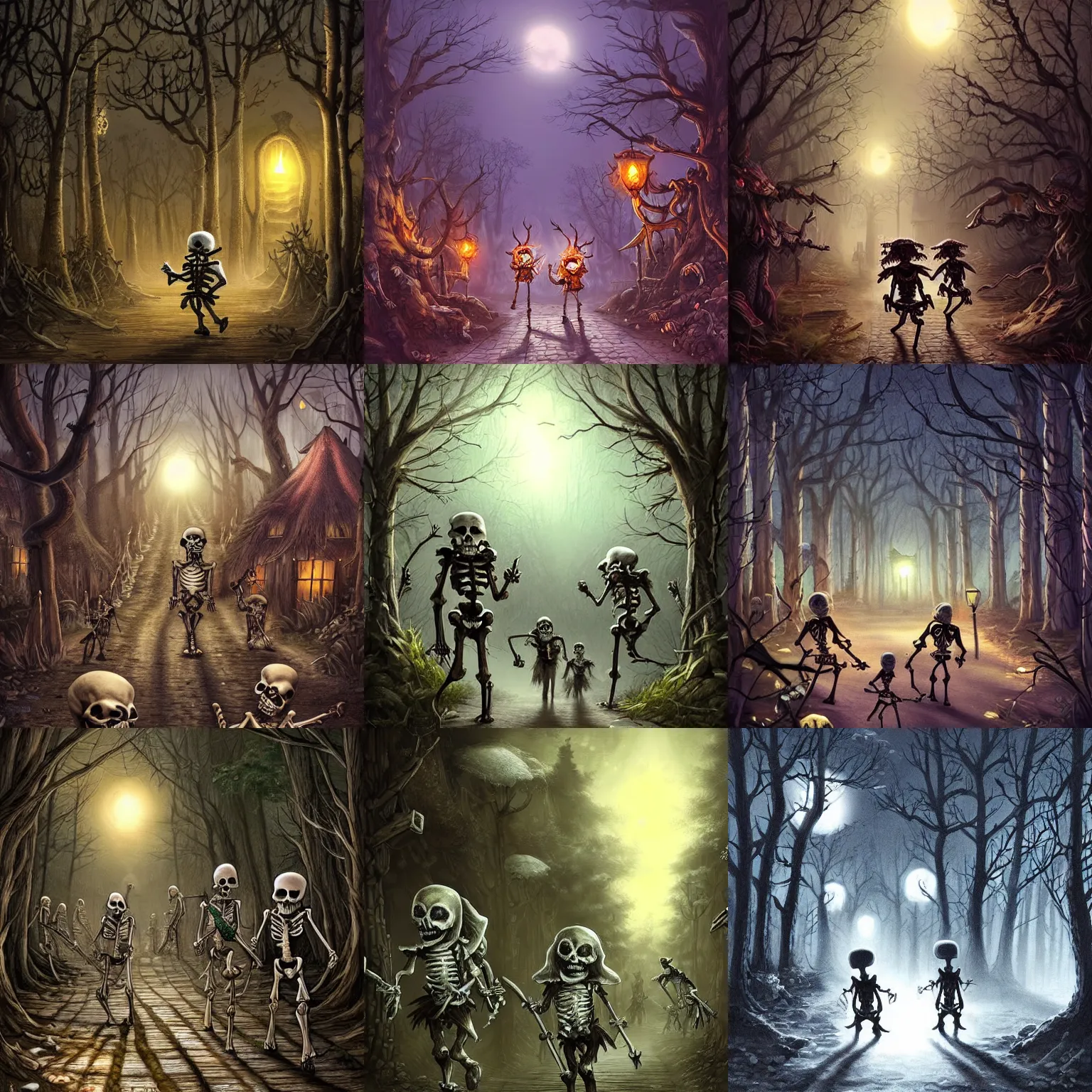 Prompt: armed skeletons walking in a forest village street at night, dmd, fantasy art, very detailed