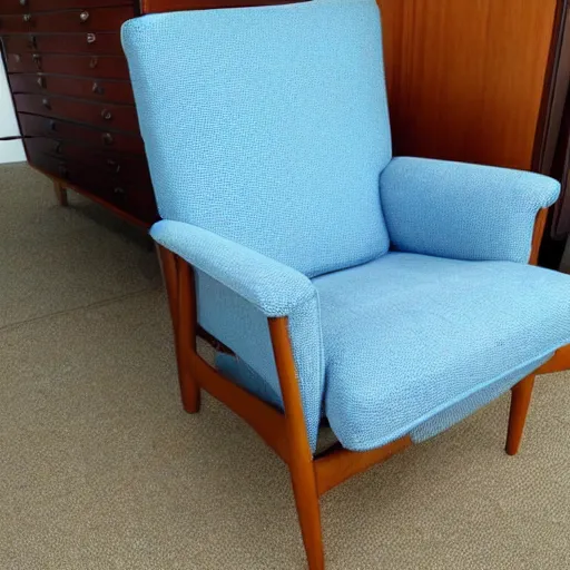 Image similar to a soft comfortable long chair, birch wood, tall, mid century modern, with an antique blue cotton ottoman