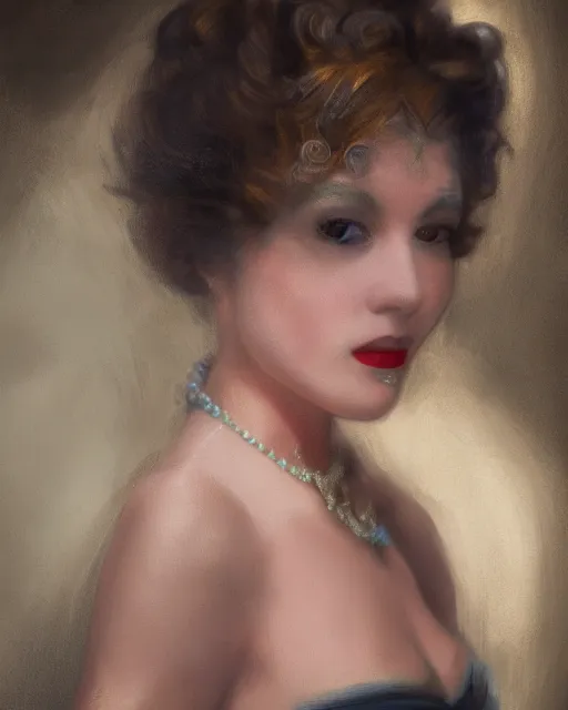 Prompt: close portrait rococo painting of a 1 9 2 0 s beautiful woman at a party in a mansion, strong contrast, unreal engine, hyper realism, realistic shading, cinematic composition, realistic render, octane render, detailed textures, photorealistic, ultrawide shot, 3 5 mm film