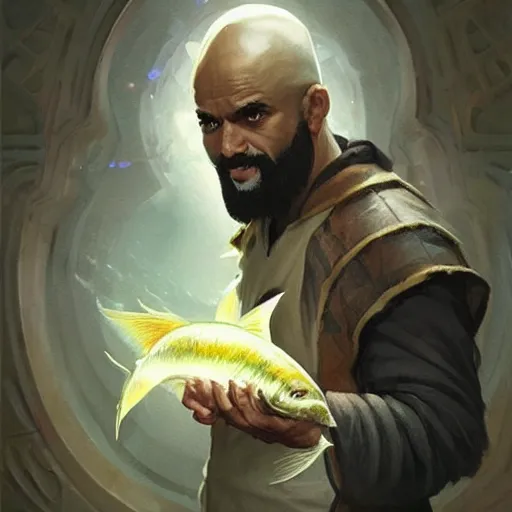 Image similar to wow! fanart young black bearded and bald man with a fish in his hand, d & d, high fantasy, detailed, digital art, artstation, smooth, sharp focus, art by artgerm, greg rutkowski, alphonse mucha