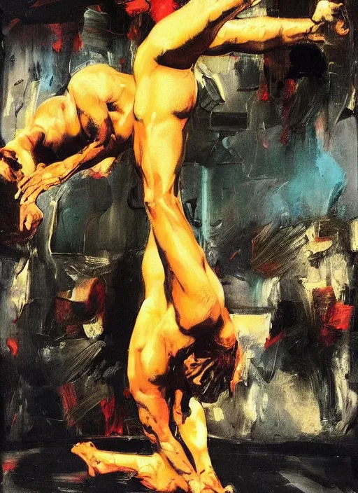 Image similar to pauly shore handstand, painting by phil hale, fransico goya,'action lines '!!!, graphic style, visible brushstrokes, motion blur, blurry, visible paint texture, crisp hd image