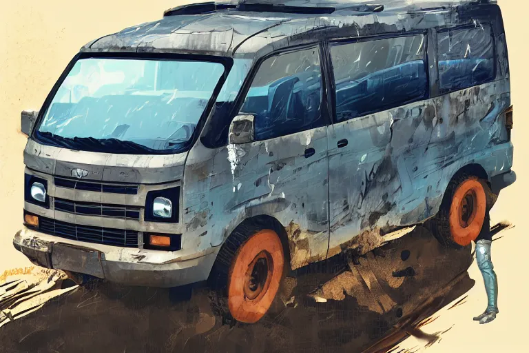 Prompt: digital illustration of mad max's hiace van by makoto shinkai, ilya kuvshinov, lois van baarle, rossdraws, basquiat