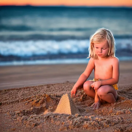 Image similar to little blond girl, making a sandcastle!!! on an Australian Beach, (((red)))!!! sand, shovel, waves, golden hour, Canon EOS R3, f/1.4, ISO 200, 1/160s, 8K, RAW, unedited, symmetrical balance, in-frame