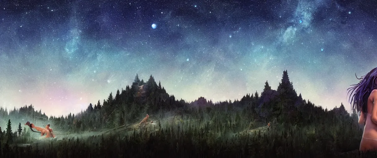 Image similar to digital photography of a ultra detailed night sky with constellations, detailed very beautiful native American girl with short hair swimming in a blue pool, Perseides meteor shower, ultra detailed hill top over behind a forest, large mountains in back, concept art, low angle, high detail, warm lighting, volumetric, vivid, beautiful, trending on artstation, by Jordan Grimmer, no focus, huge scene, ultra detailed trees, F11 aperture, in the style of JIM RICHARDSON