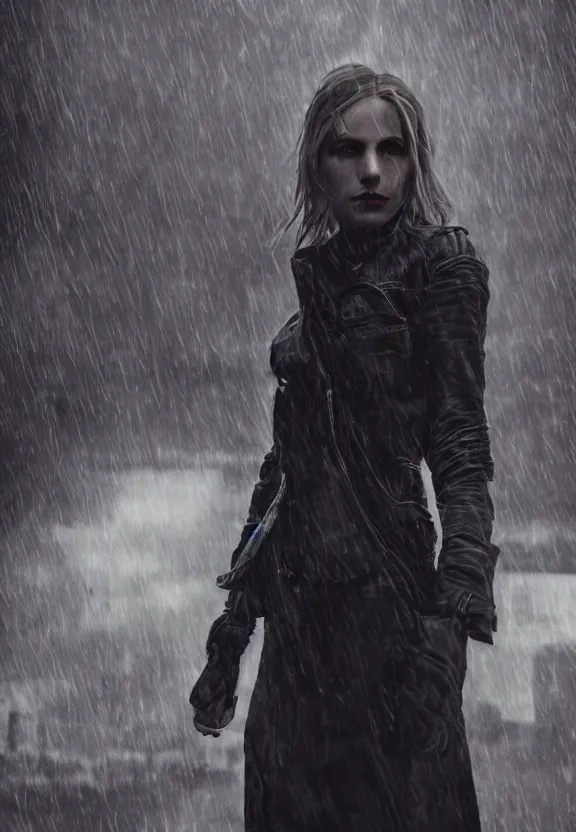 Prompt: cute model annie leonhart posing in dunwall city, beautiful face, detailed face, realistic eyes, cinematic lighting, rainy weather, melancholy atmosphere, volumetric light, gothic architecture, realistic reflections, model agency, instagram photo, depression atmosphere, shot on sony a 7, beauty filter, dishonored 1, postprocessing