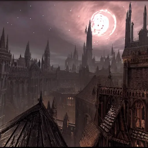 Image similar to A sprawling view of Anor Londo, Dark Souls in a starry night, a dragon flies in the distance