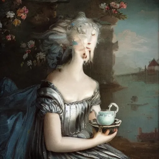 Prompt: A 18th century, messy, silver haired, (((mad))) elf princess, dressed in a ((ragged)), wedding dress, is ((drinking a cup of tea)), in her right side is a porcelain tea set. Everything is underwater and floating. ((Greenish blue tones)), theatrical, (((underwater lights))), high contrasts, fantasy. oil canvas by Henry Wallis, inspired by Henry Wallis's The Death of Chatterton