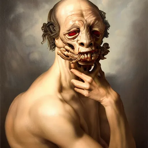 Image similar to refined gorgeous blended oil painting with black background by christian rex van minnen rachel ruysch dali todd schorr of a chiaroscuro portrait of an extremely bizarre disturbing mutated man with shiny skin acne intense chiaroscuro cast shadows obscuring features dramatic lighting perfect composition masterpiece