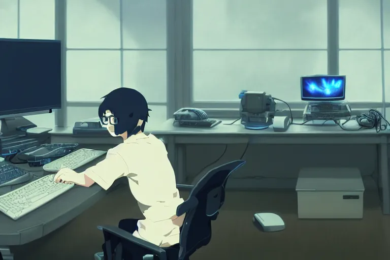 Prompt: a nerdy boy is programming at a computer in a room full of gadgets, by makoto shinkai and ghibli studio, highly detailed, incredible quality, trending on artstation