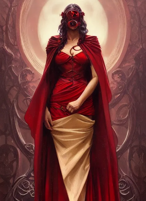 Image similar to person with no eyes wearing a dark red cape, fantasy, medieval wear, intricate, elegant, highly detailed, digital painting, artstation, concept art, smooth, sharp focus, illustration, art by artgerm and greg rutkowski, reimagined by alphonse mucha