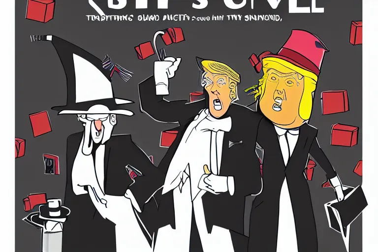 Image similar to 2 d poster illlustration donald trump and donald trump wearing trenchcoats and black floppy spy hats, stacks of boxes everywhere and a safe broken open for the movie spy vs spy