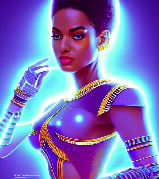 Image similar to symmetry!! egyptian princess of technology, solid cube of light, hard edges, product render retro - futuristic poster scifi, lasers and neon circuits, brown skin gorgeous egyptian princess, intricate, elegant, highly detailed, digital painting, artstation, concept art, smooth, sharp focus, illustration, dreamlike, art by artgerm