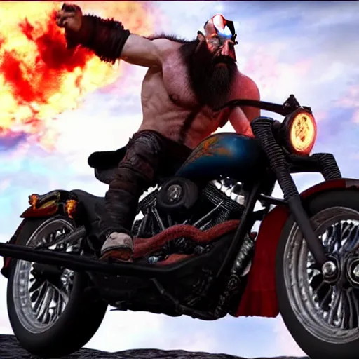 Image similar to kratos jumping a black harley - davidson motorcycle off a cliff, cinematic render, playstation studios official media, god of war 2 0 1 8, flames, centered