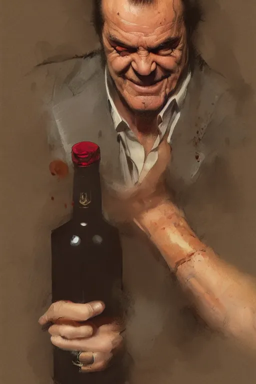 Prompt: a bottle of jack nicholson, jack nicholson is the bottle, jack is in the bottle, by artgerm, ruan jia, greg rutkowski