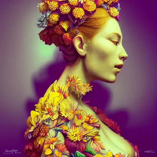 Image similar to the portrait of an absurdly beautiful, graceful, elegant woman made of bananas and petals, an ultrafine detailed illustration by kim jung gi, irakli nadar, intricate linework, bright colors, final fantasy, behance contest winner, angular, unreal engine 5 highly rendered, global illumination, radiant light, detailed and intricate environment