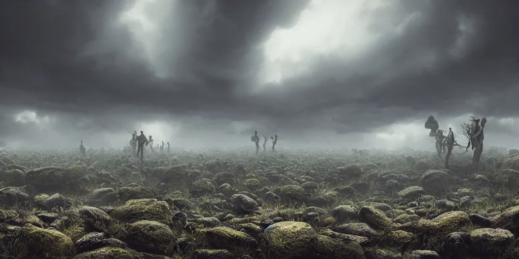 Image similar to Photorealistic crowd of fungus people made from fungus. Magically floating rocks, with ominous storm clouds, strange levitating stones, stones falling from the sky, a gentle rising mist. occult photorealism, UHD, amazing depth, glowing, golden ratio, 3D octane cycle unreal engine 5, volumetric lighting, cinematic lighting, cgstation artstation concept art