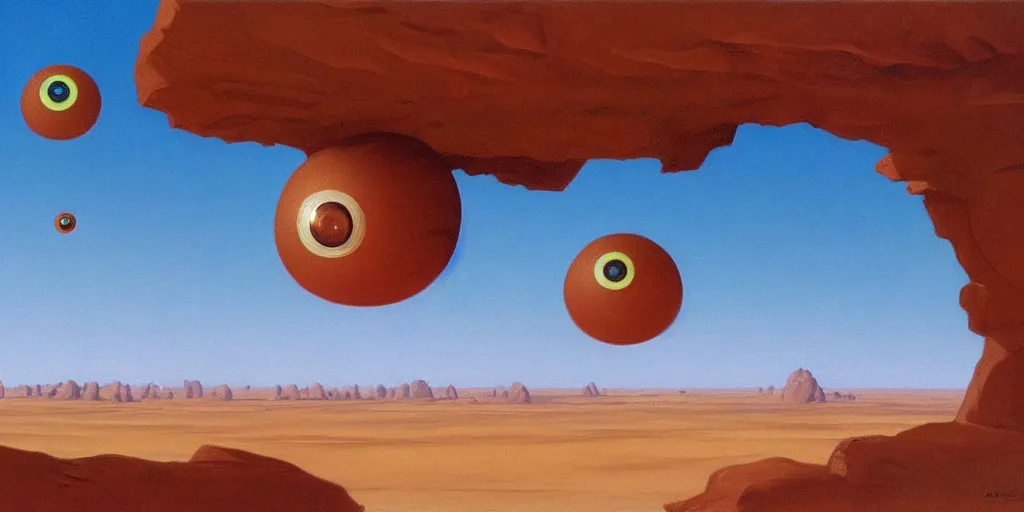 Image similar to a giant pair of eyeballs floating above a desert landscape ralph mcquarrie