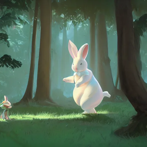 Image similar to concept art painting of a chubby white rabbit wearing a turquoise dress, in the deep forest, realistic, detailed, cel shaded, in the style of makoto shinkai and greg rutkowski and james gurney