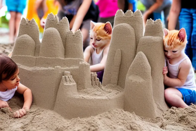 Image similar to kittens touching a completed sand castle