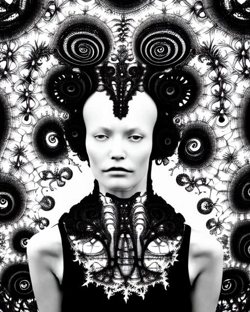 Image similar to surreal black and white photo portrait of complex bio-mechanical beautiful young female vegetal-cyborg with a Mandelbrot fractal metal fine lace face, curled silver hair, 150 mm lens, soft rim light, fine metal floral foliage super big lace collar by Alexander McQueen, high fashion, haute couture, rococo, steampunk, silver filigree details, anatomical, facial muscles, cable wires, microchip, elegant, hyper realistic, octane render, unreal engine, in the style Dora Maar, volumetric lighting, 8k,