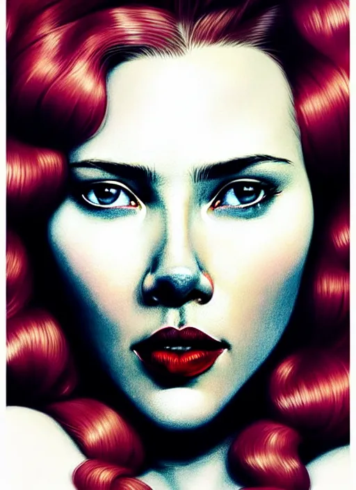 Image similar to highly detailed portrait of scarlett johanson with scarlet lips making a pogchamp face, poggers, photographic realistic background, ringlet hair by atey ghailan, by greg rutkowski, by greg tocchini, by james gilleard, by joe fenton, by kaethe butcher, gradient pink, black, cream and white color scheme, trending in instagram, award winning details