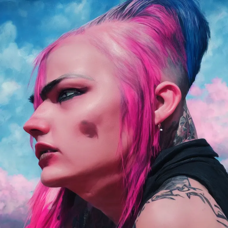 Image similar to oil painting, punk, pretty face punk back, pink, mohawks, neon, ultra detailed, contrast, clouds, sky, volumetric light, atmospheric lighting, dramatic, cinematic, moody, octane render 4 k, 8 k