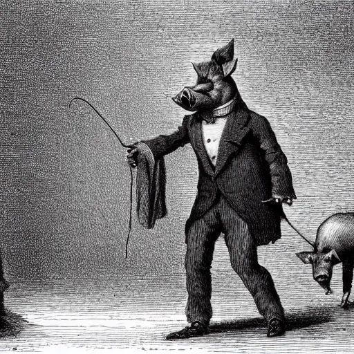 Image similar to a pig walking on two legs, creepy atmosphere, dressed in a tuxedo, dark, close-up, realistic, very realistic, illustration by Gustave Doré