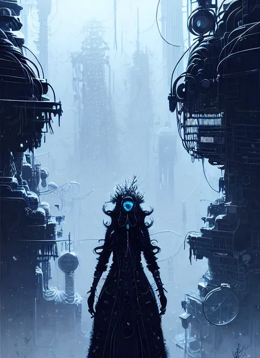 Image similar to highly detailed portrait of a frostpunk long curly white hair tribal lady, stray wiring by atey ghailan, james gilleard, by joe fenton, by greg rutkowski, by greg tocchini, by kaethe butcher, 4 k resolution, gradient blue, black and white color scheme!!! ( ( glaciated robotic dystopian city background ) )