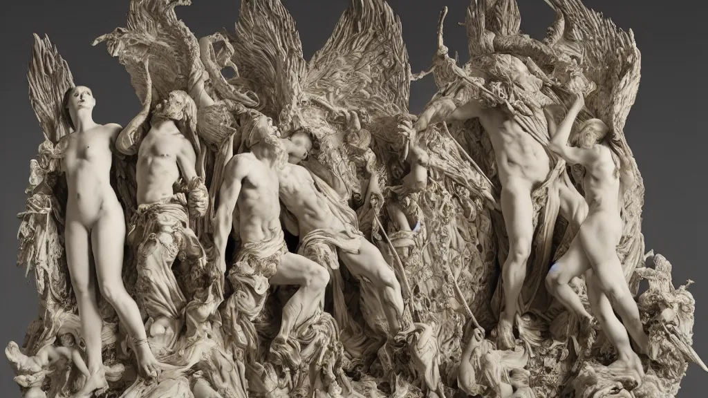 Prompt: war of titans, an epic sculpture made of marble and ivory, by gustave dore, by emil melmoth, by alphonse mucha, hell, sculpture standing on in a large studio space, monumental, epic, rococo, detailed, intricate, volumetric lighting, realistic, octane render, 2 0 % pearlescent detailing