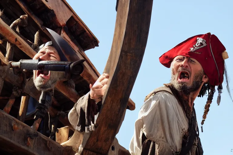 Image similar to closeup old pirate yelling on an old pirate ship, by emmanuel lubezki