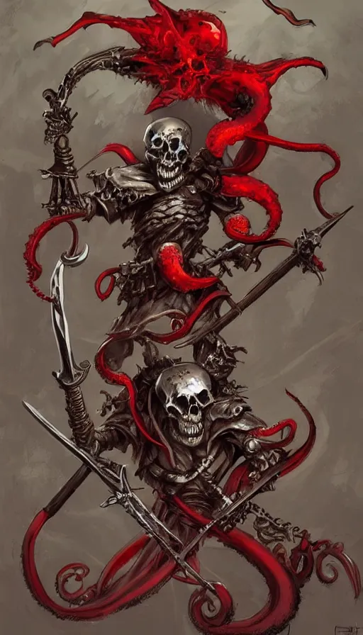 Image similar to a skeleton holding a sword and shield, fantasy digital art, concept art, artstation trending, surrounded by red tentacles, art by frank frazetta