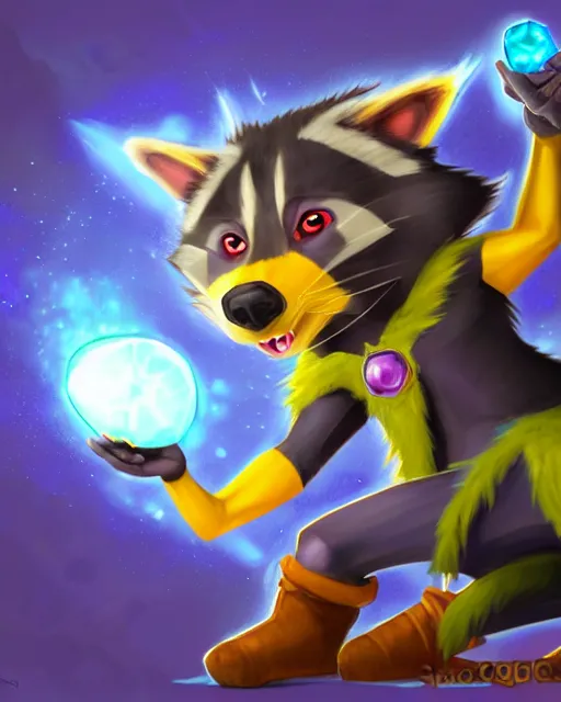 Image similar to highly detailed digital illustration portrait of sorcerer sly cooper raccoon holding a magical glowing gemstone in a crystal cave, action pose, d & d, magic the gathering, criag mullins, artgerm, wlop, disney, pixar,