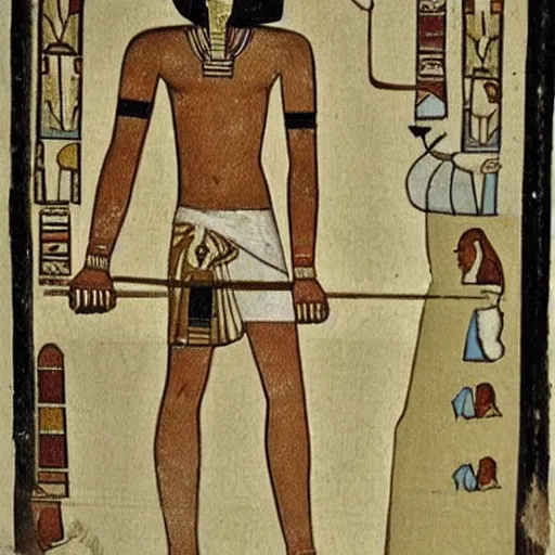 Image similar to Egyptian drawing of a man using a shake weight, ancient, photorealistic