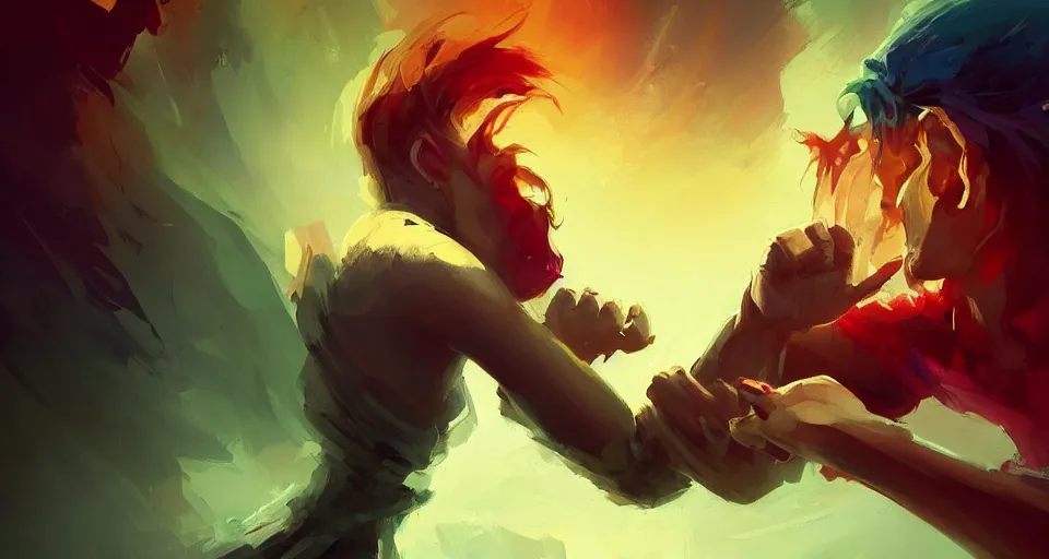 Image similar to Epic dramatic cinematic close-up character shot of a man pit against his mortal enemy in a thumb war for the fate of cosmic reality. Digital art. By Dominik Mayer, Anton Fadeev, and Alena Aenami. Masterpiece. Trending on Artstation and CGsociety. World's greatest artistry. HDR. 4k. Amazing incredible awesome awe-struck fantastic intriguing. Creative use of colors. Fantastic lighting.