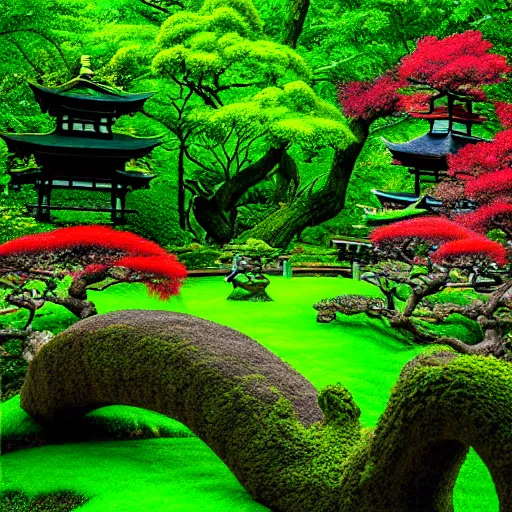 Prompt: Large Open Japanese Garden Hidden in the Middle of a Forest Guarded by a Green Dragon Made of Vines and Plant Matter, Digital Art