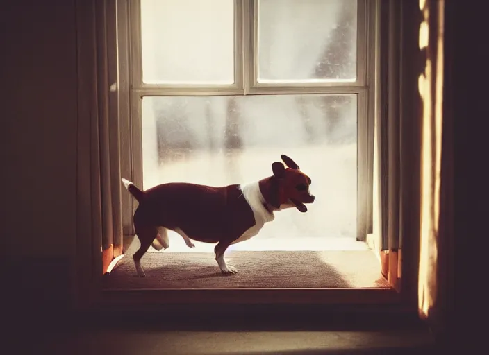 Image similar to photography of a Jack Russel . watching outside the window. on a bed. in a vintage room full of vinyls and posters.,volumetric light, photorealistic,, award winning photo, 100mm, sharp, high res