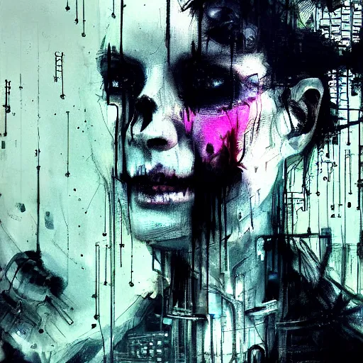 Prompt: a cyberpunk gothic noir musician, skulls, wires cybernetic implants, synthesizers and electronic equipment, machine noir grimcore in cyberspace photoreal, atmospheric by jeremy mann francis bacon and agnes cecile, ink drips paint smears digital glitches